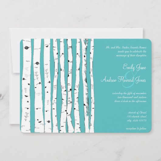 Blue Turquoise Birch Tree Wedding Invitations Kaart (Voorkant)
