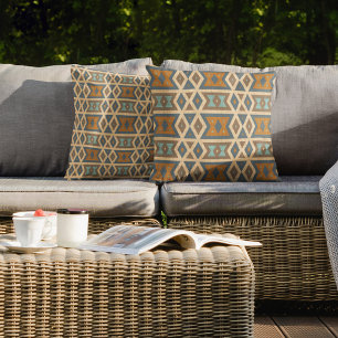 Blue Turquoise Blauwgroen Terraccotta Brown Tribal Buitenkussen