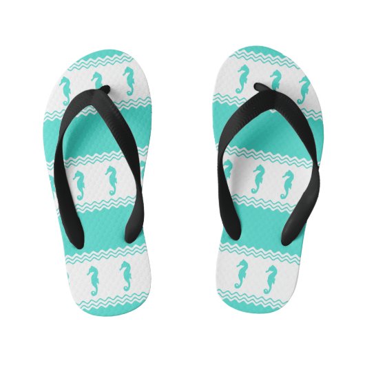 Blue Turquoise Coastal Seahorses Stripes Kinder Teenslippers (Voetbed)
