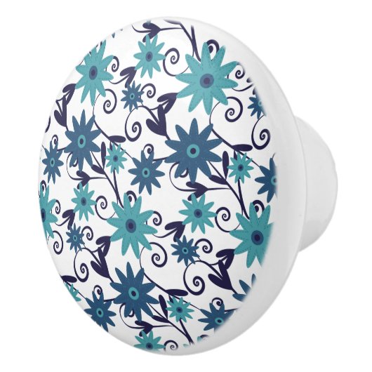 Blue Turquoise Floral Swirl Pattern Keramische Knop (Rechts)