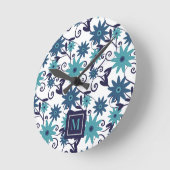 Blue Turquoise Flowers Monogram Ronde Klok (Hoek)