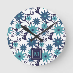 Blue Turquoise Flowers Monogram Ronde Klok