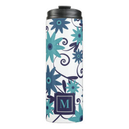 Blue Turquoise Flowers Monogram Thermosbeker