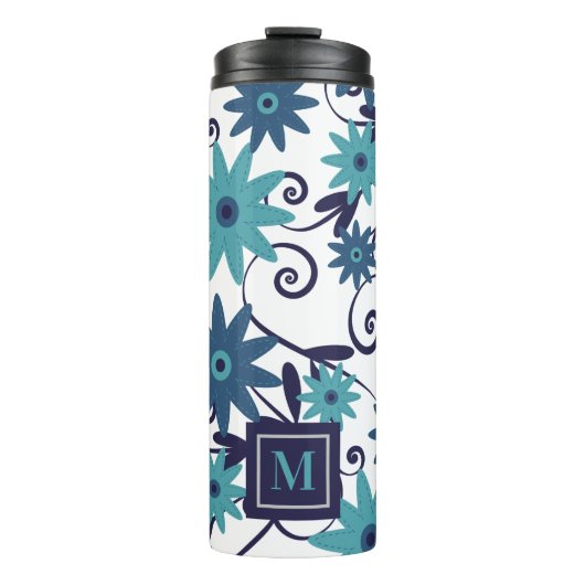 Blue Turquoise Flowers Monogram Thermosbeker (Voorkant)