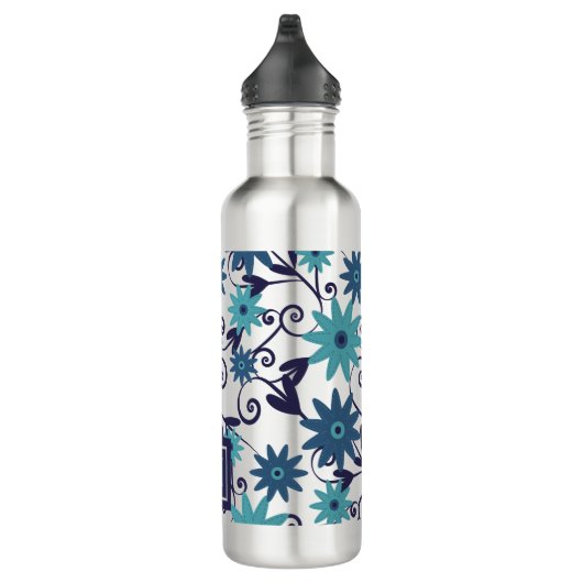 Blue Turquoise Flowers Monogram Waterfles (Rechts)