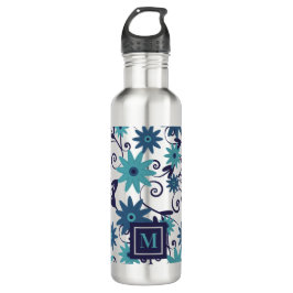 Blue Turquoise Flowers Monogram Waterfles