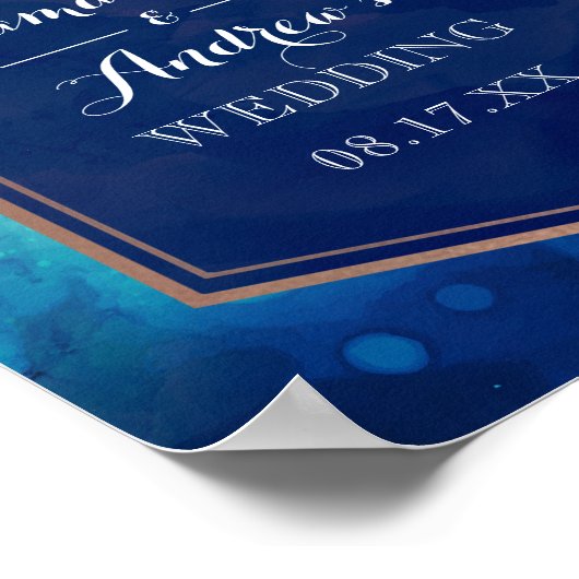 Blue Turquoise Gold Border Waterverf Wedding Poster (Hoek)