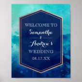 Blue Turquoise Gold Border Waterverf Wedding Poster (Voorkant)