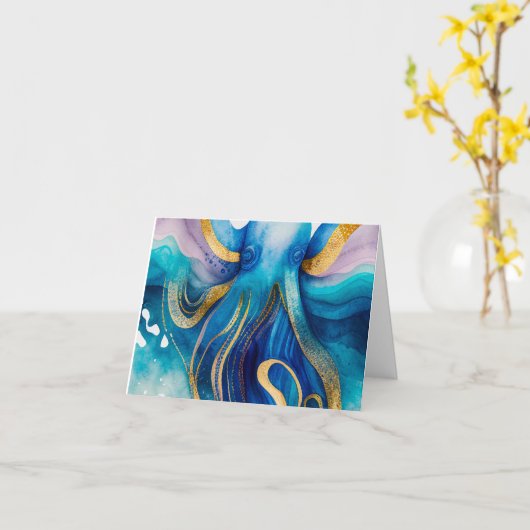 Blue Turquoise Gold Octopus Party Invitation Kaart (Gele Bloem)