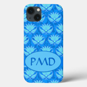 Blue Turquoise Modern Damask Monogram Aangepast Case-Mate iPhone Case