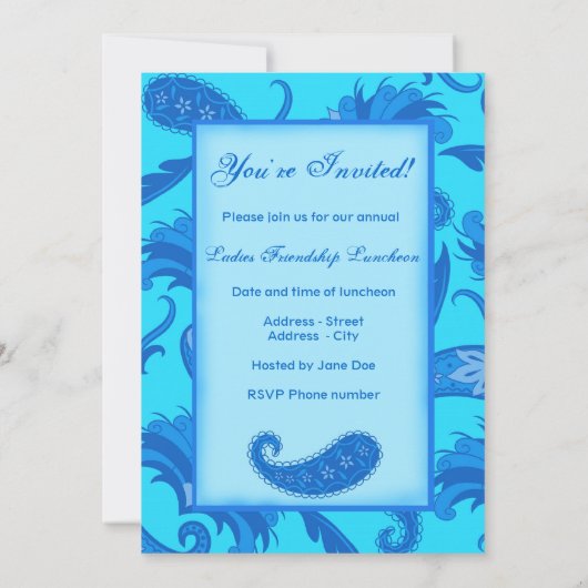 Blue Turquoise Modern Paisley Custom Invitation Kaart (Achterkant)