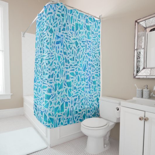 Blue Turquoise Mosaic Glass Tile Modern Chic Douchegordijn (In situ)