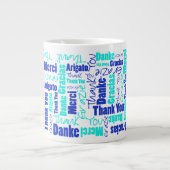 Blue Turquoise Multilingual Dank u wel Typografie Grote Koffiekop (Voorkant)