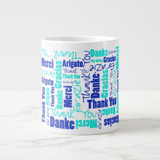 Blue Turquoise Multilingual Dank u wel Typografie Grote Koffiekop (Voorkant)