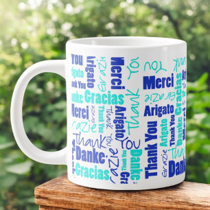 Blue Turquoise Multilingual Dank u wel Typografie Grote Koffiekop