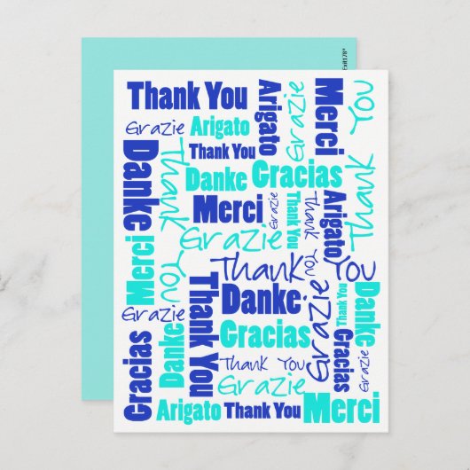 Blue & Turquoise Multilingual Thank You Briefkaart (Voorkant / Achterkant)