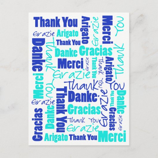 Blue & Turquoise Multilingual Thank You Briefkaart (Voorkant)