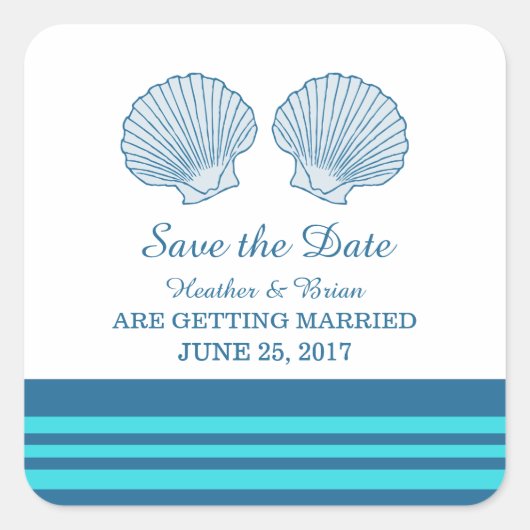 Blue Turquoise Nautical Seashells Save the Date Vierkante Sticker (Voorkant)