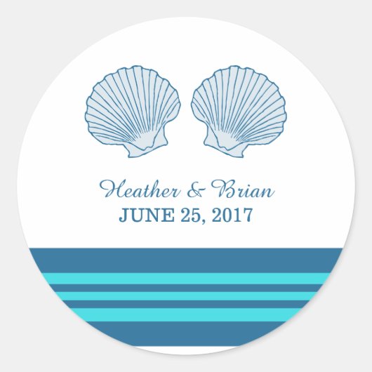 Blue Turquoise Nautical Seashells Wedding Stickers (Voorkant)