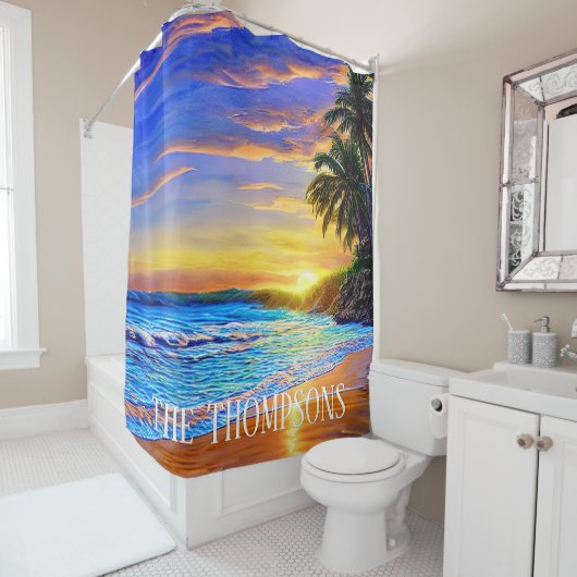Blue Turquoise Ocean Sunset Douchegordijn (In situ)