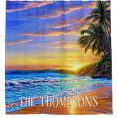 Blue Turquoise Ocean Sunset Douchegordijn (Voorkant)