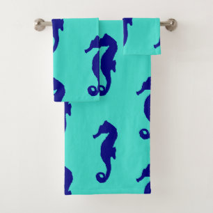 Blue Turquoise Seahorse Coastal Pattern Bad Handdoek