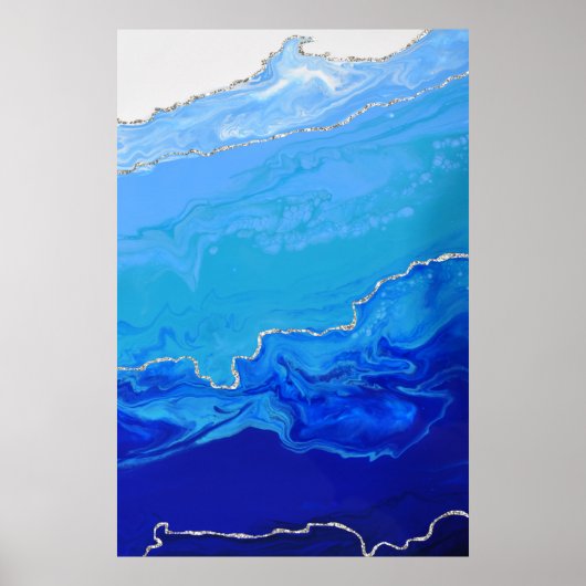Blue Turquoise Silver Marble Abstracte Art Poster (Voorkant)