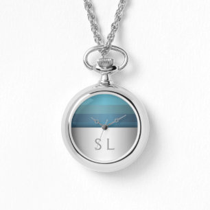 Blue Turquoise Stripes Pattern   Uw monogram Horloge