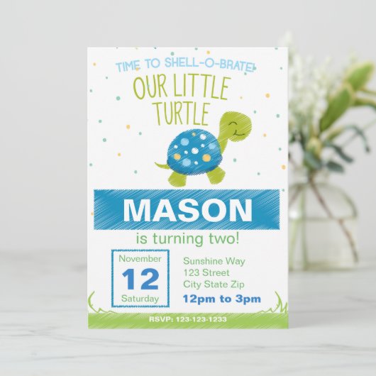 Blue Turtle Birthday Invitation Kaart (Staand voorkant)