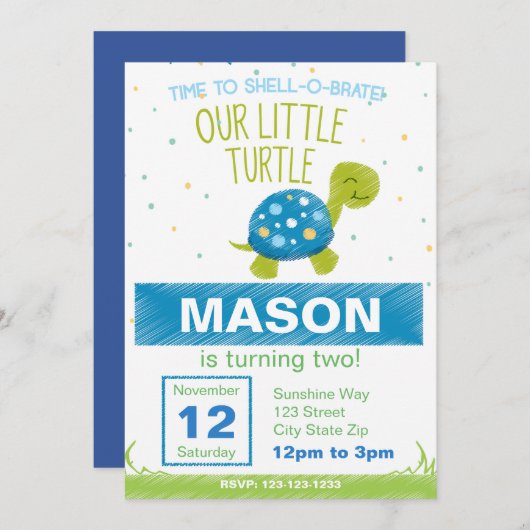 Blue Turtle Birthday Invitation Kaart (Voorkant / Achterkant)