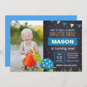Blue Turtle Chalk Birthday Invitation met foto Kaart (Voorkant / Achterkant)