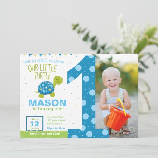 Blue Turtle eerste verjaardagsfeestje uitnodiging (Staand voorkant)