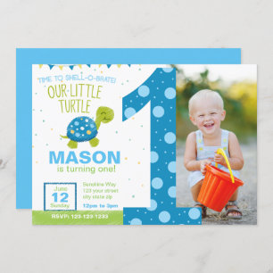 Blue Turtle First Birthday Party Invitation Kaart