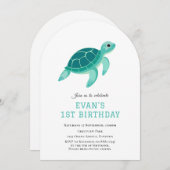 Blue Turtle onder het zee 1e verjaardagsuitnodigin Kaart (Voorkant / Achterkant)