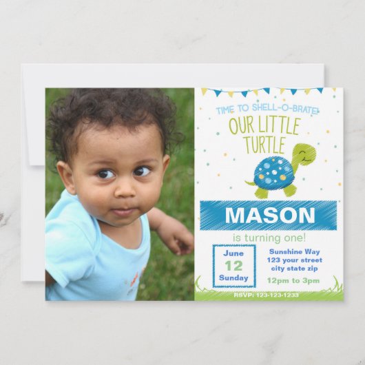 Blue Turtle verjaardagsuitnodiging met foto Kaart (Voorkant)
