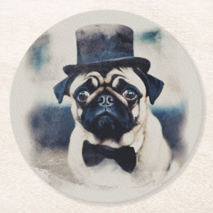  BLue Tux Pug Portret Ronde Kartonnen Onderzetter