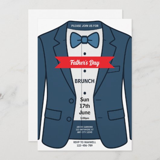 Blue Tuxedo Vaderdag Brunch Uitnodiging (Voorkant / Achterkant)