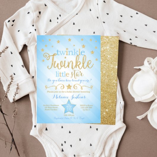 Blue Twinkle Little Star Baby shower Invitation Kaart