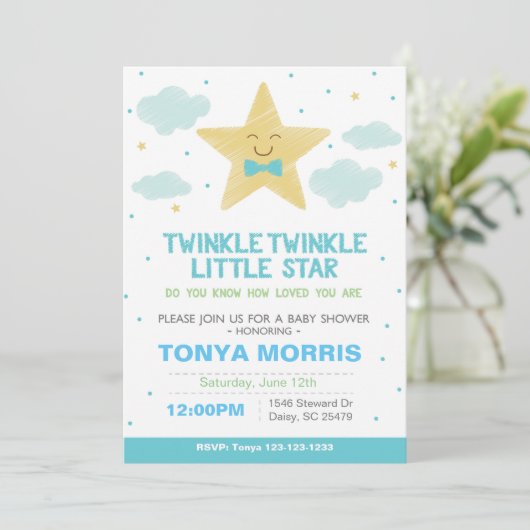 Blue Twinkle Little Star Baby shower Invitation Kaart (Staand voorkant)