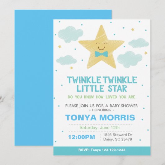 Blue Twinkle Little Star Baby shower Invitation Kaart (Voorkant / Achterkant)