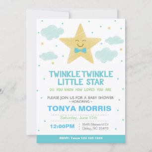 Blue Twinkle Little Star Baby shower Invitation Kaart