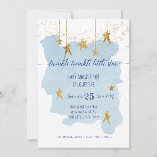 Blue Twinkle Little Star Gold Boy Baby shower Kaart (Voorkant)