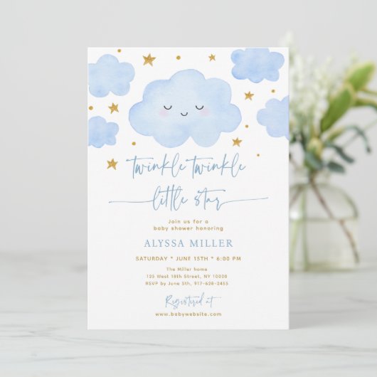 Blue Twinkle Star Cloud Baby shower Kaart (Staand voorkant)