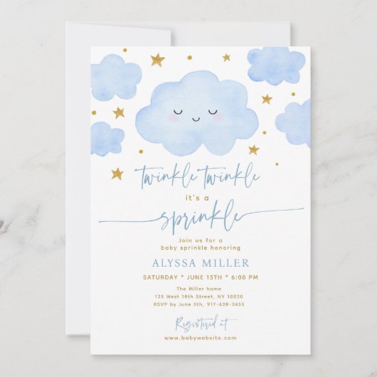 Blue Twinkle Star Cloud Baby Sprinkle Kaart (Voorkant)