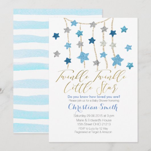Blue Twinkle Stars BOY Baby shower-uitnodiging Kaart (Voorkant / Achterkant)