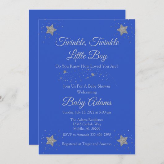 Blue Twinkle Twinkle Little Boy Baby shower Invit Kaart (Voorkant / Achterkant)