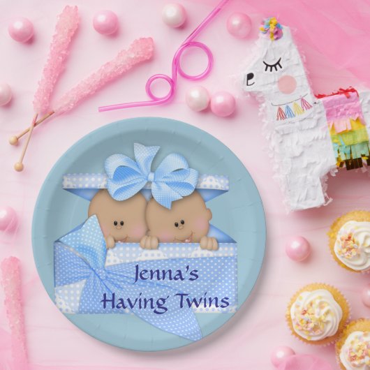 Blue Twins African American Baby shower Party Papieren Bordje (Feest)
