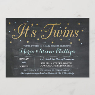Blue Twins Boy Chalk Gold Baby shower Uitnodigen Kaart