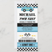 Blue Two Fast Race Car Ticket Pass Tweede Verjaard Kaart (Voorkant)