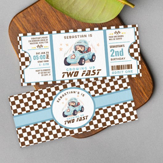 Blue Two Fast Race Car Ticket Pass Tweede Verjaard Kaart